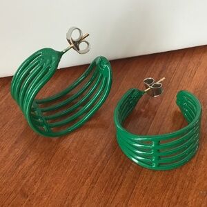 Vintage 1980s Hoop Earrings Pierced Green Retro Disco
